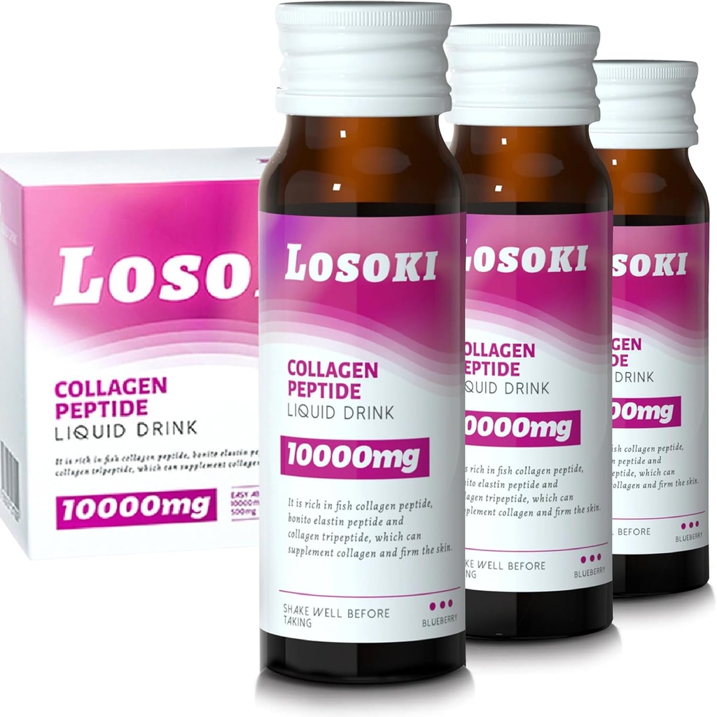 Boissons de peptide de collagène liquide de Losoki - 10000mg Peptides de collagène marin hydrolysés avec vitamine C, mélange premium, promouvoir les articulations des ongles de peau de cheveux sains, (1 boîte, 10 bouteilles)