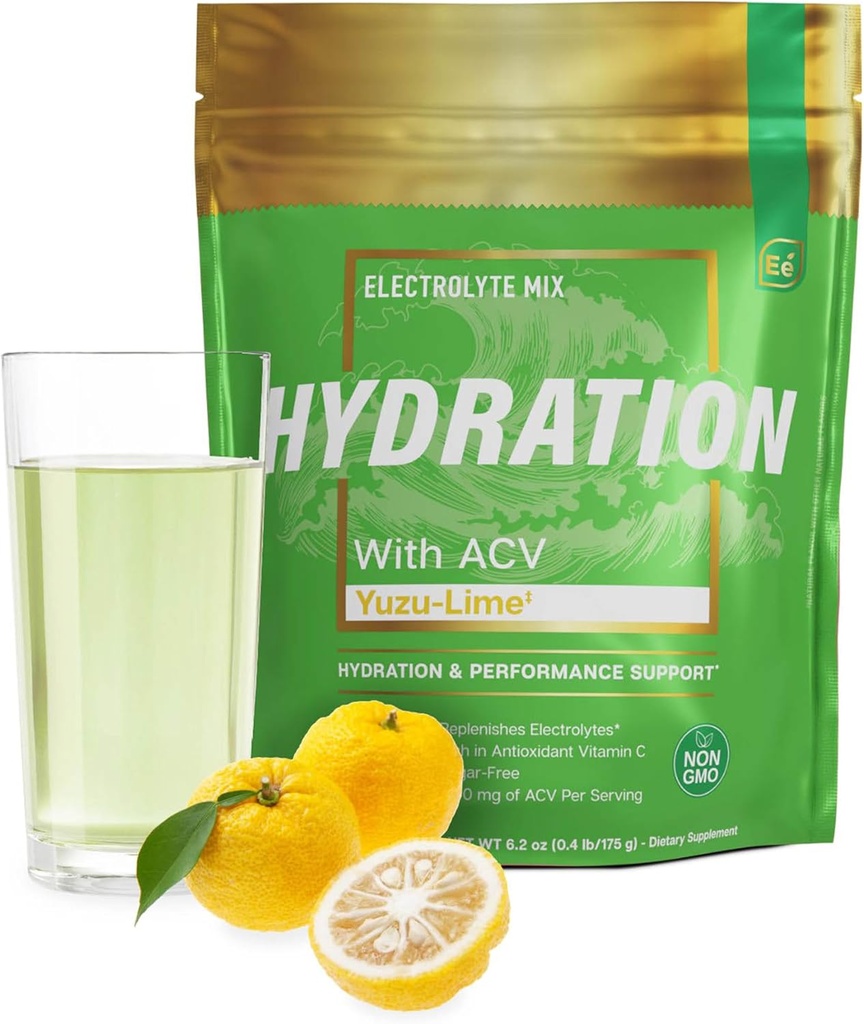 Eléments essentiels Packs d'hydratation - Yuzu Lime Pack - Packs de poudre d'électrolytes sans sucre - 25 Stick Packs d'électrolytes en poudre Pas de sucre - Boissons d'hydratation - avec vinaigre de cidre et vitamine C