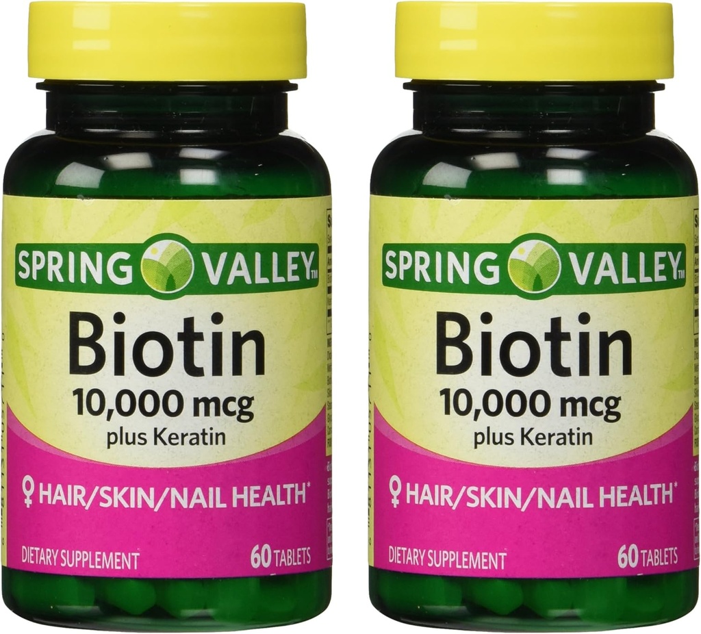 Spring Valley 10000mcg Biotine avec 100mg supplément alimentaire kératine, 60 comte (paquet de 2)