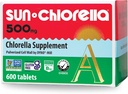 Sun Chlorella 500mg Supplément super-aliment aux algues vertes pour le bien-être du corps entier - défense immunitaire, santé des intestins, purification naturelle, stimulation énergétique - chlorophylle, B12, fer, protéines - non-OGM - 600 Comprimés