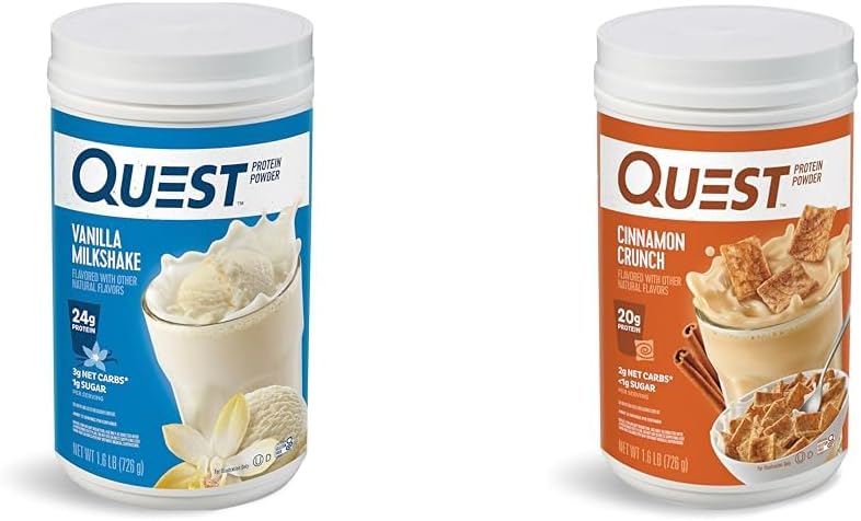 Quest Nutrition Vanille Poudre de protéines de milkshake, 24g de protéines, 1g de sucre, 1,6 livre, 23 portions et poudre de protéines croquantes de cannelle, 20g de protéines, 2g de glucides nets, 1g de sucre, faible teneur en glucides