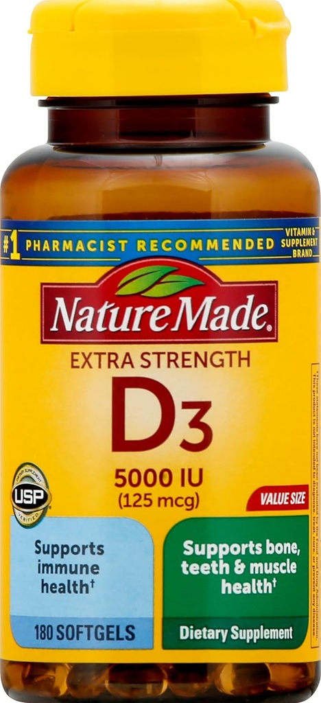 Extra Strength Vitamin D3 5000 IU (125 mcg), 180 Softgels Value Size, High Potency Vitamin D Helps Support Immune Health, Strong Bones and Teeth, & Muscle Function