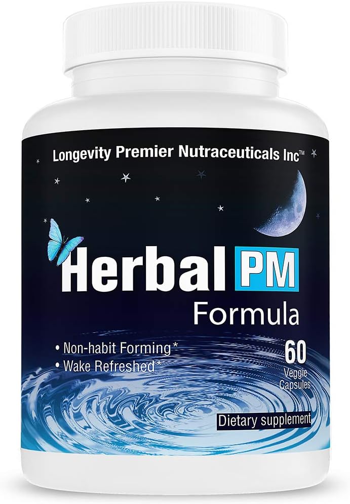 Longévité Herbal PM - Formule de sommeil à base de plantes avec 5 htp, mélatonine, Valerian et GABA. 60 Capsules de Veggie