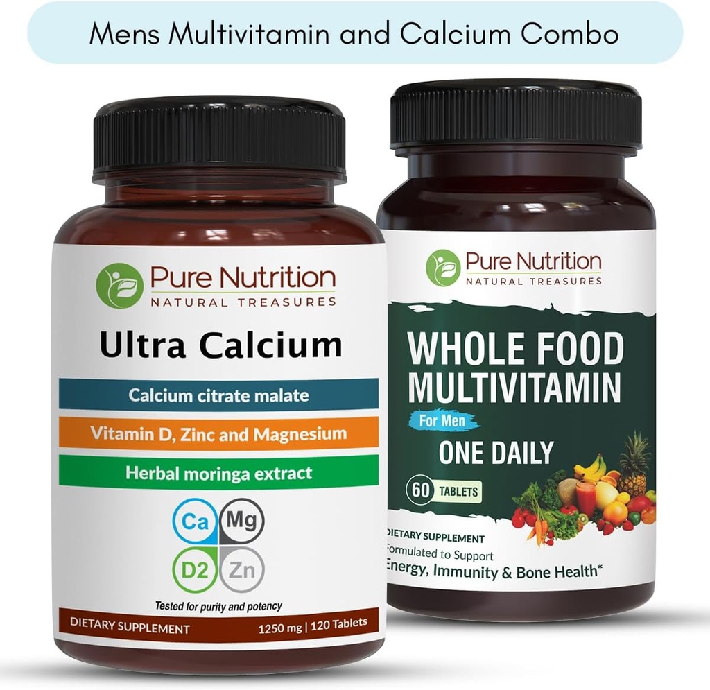 Pure Nutrition Ultra Calcium 1000mg et aliments entiers Hommes Multivitamines 1500mg pour des os, des articulations et le bien-être global. Ultra Calcium 90 Tabs + Multivitamines Homme 60 Tabs.