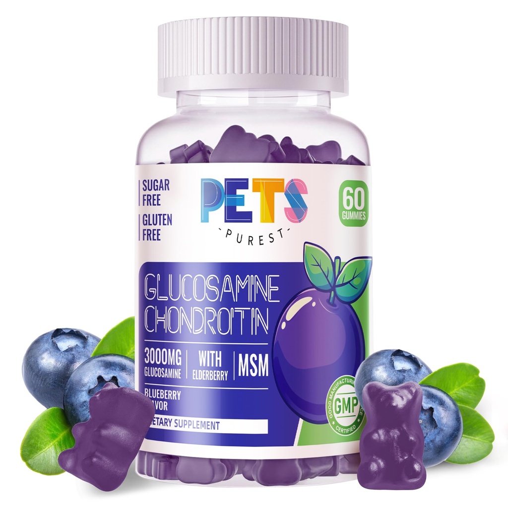 Animaux de compagnie Glucosamine Purest Gommies Chondroitin avec MSM & Elderberry Extra Strength - Joint Support, Supplément de soutien immunitaire antioxydant pour adultes, hommes et femmes.60 Gummies Blueberry