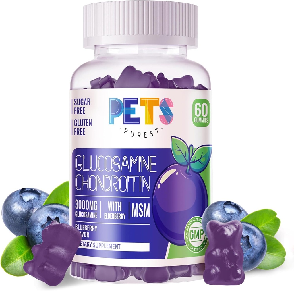 Animaux de compagnie Glucosamine Purest Gommies Chondroitin avec MSM & Elderberry Extra Strength - Joint Support, Supplément de soutien immunitaire antioxydant pour adultes, hommes et femmes.60 Gummies Blueberry