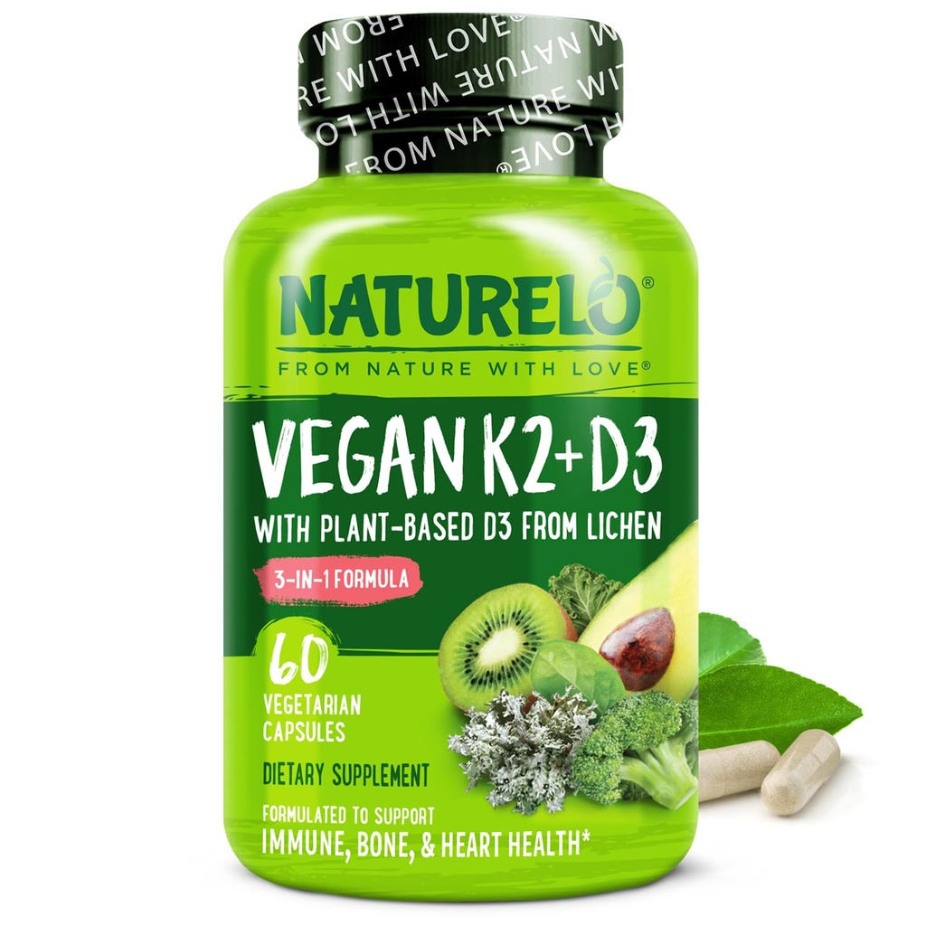 NATURELO Vitamine D3 K2 - Végétalien à base végétale D3 de Lichen - Supplément naturel pour système immunitaire, soutien osseux, santé du coeur - Alimentation entière - Non-OGM - Sans gluten, 60 capsules