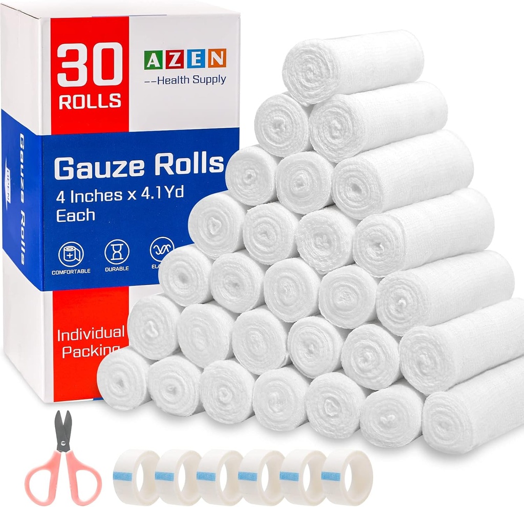 AZEN 30 bandes de rouleaux de gaze, 4 po x 4.1 Yards, fournitures médicales premium et fournitures de premiers soins, enveloppe de pansement, enveloppe de vetement, enveloppe de maman