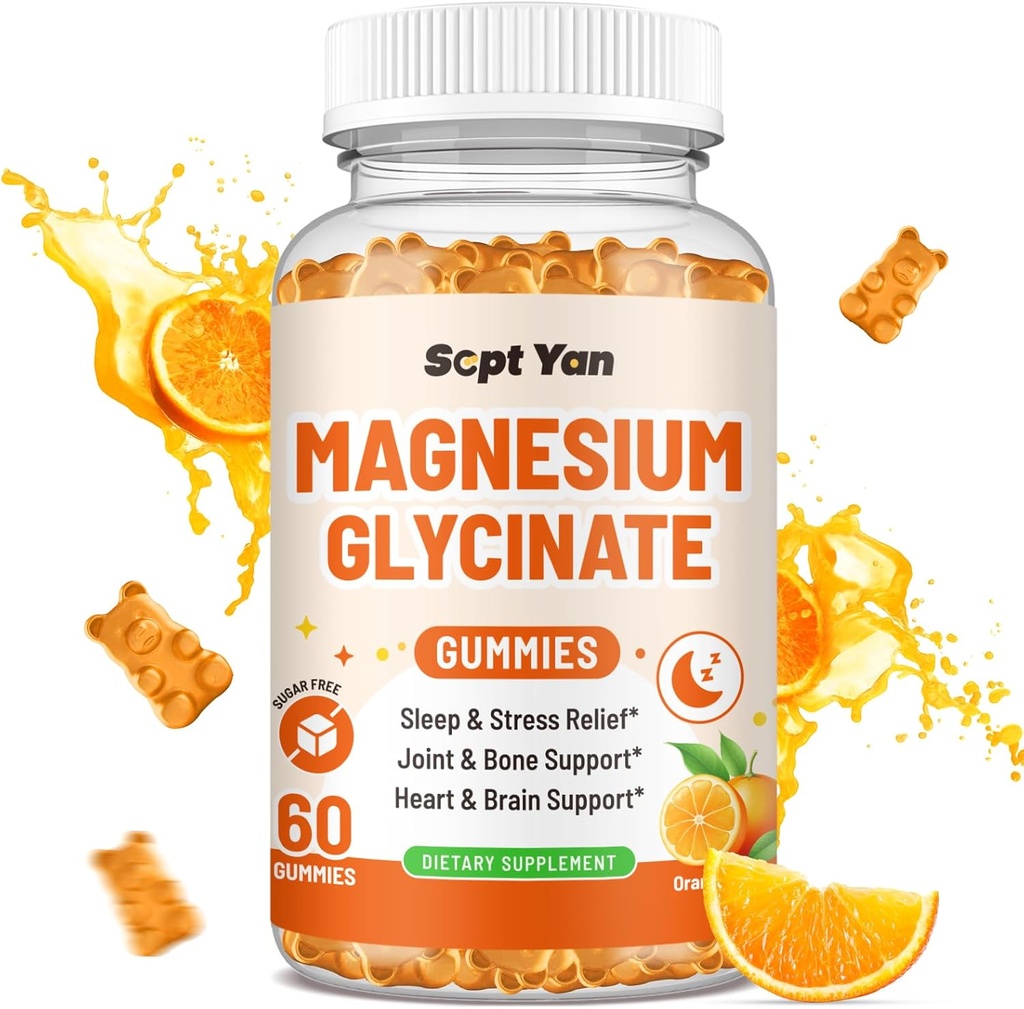 Gommies de magnésium pour adultes - Supplément de magnésium glyciné avec vitamine B6, L-théanine, vitamine D, CoQ10 - Gommies de magnésium Comlex pour l'humeur, les os et les muscles, sans sucre Arôme orange 60 ct