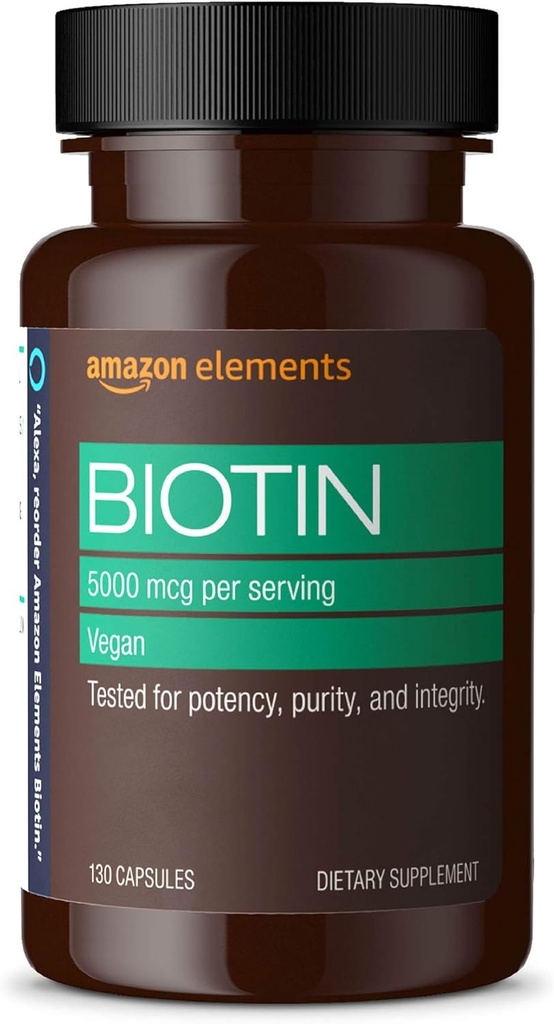 Éléments Vegan Biotin 5000 mcg - Cheveux, peau, ongles, 130 Capsules (4 mois d'approvisionnement) (L'emballage peut varier)
