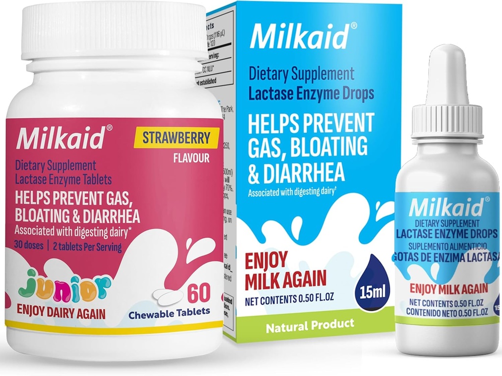 Laitaid Lactase Junior Enzyme Comprimés à croquer Lactase gouttes pour soulager l'intolérance à la lactose.