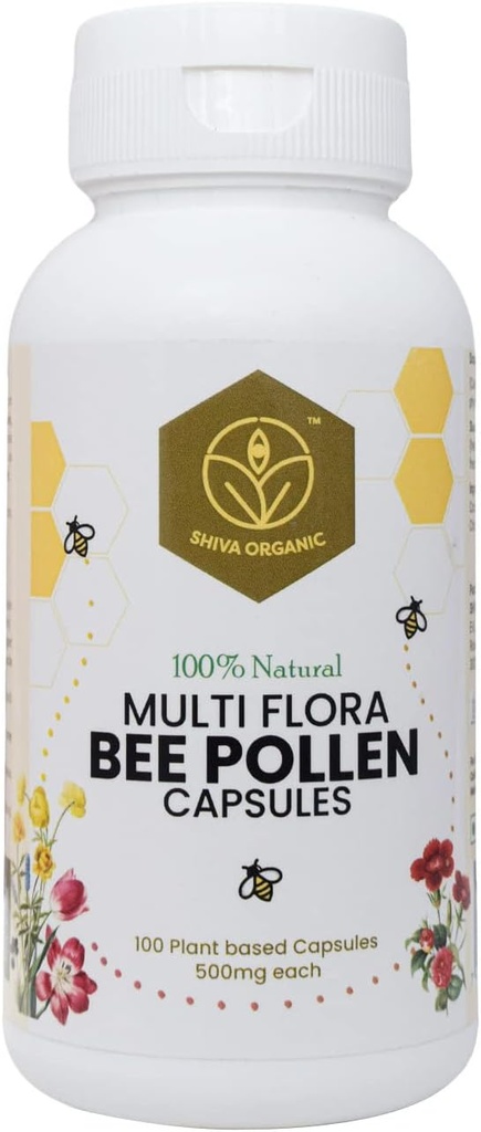 Multi Flora Bee Pollen (500mg) - 100% Pure Natural, Plant-Based Protein, Immunity & Energy Booster, High in Vitamins - 100 Capsules