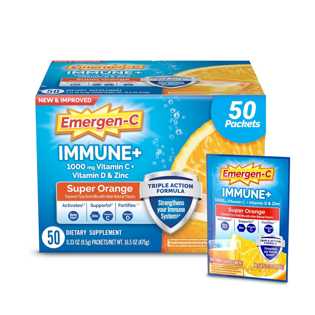 Emergen-C Immune+ Triple Action Immune Support Poudre, BetaVia (R), 1000mg Vitamine C, B Vitamines, Vitamine D et Antioxydants, Super Orange, Retour à l'essentiel de l'école – 50 Compte