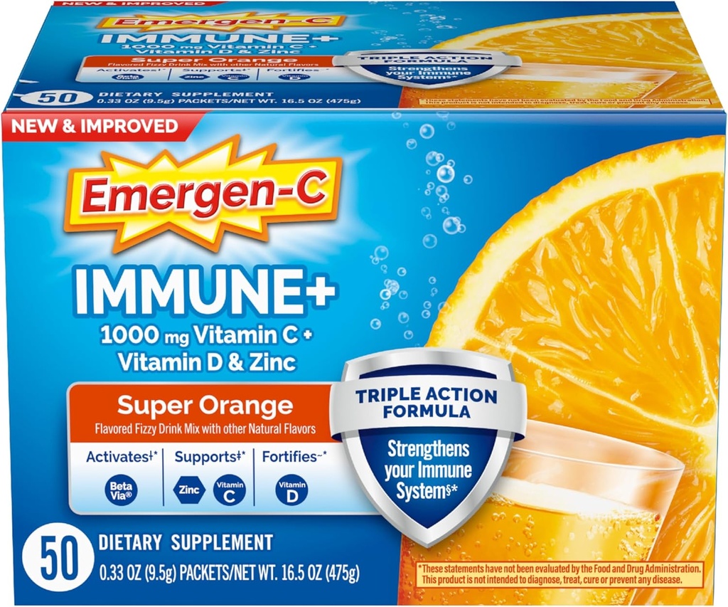 Emergen-C Immune+ Triple Action Immune Support Powder, BetaVia (R), 1000mg Vitamin C, B Vitamins, Vitamin D and Antioxidants, Super Orange, Back to School Essentials – 50 Count