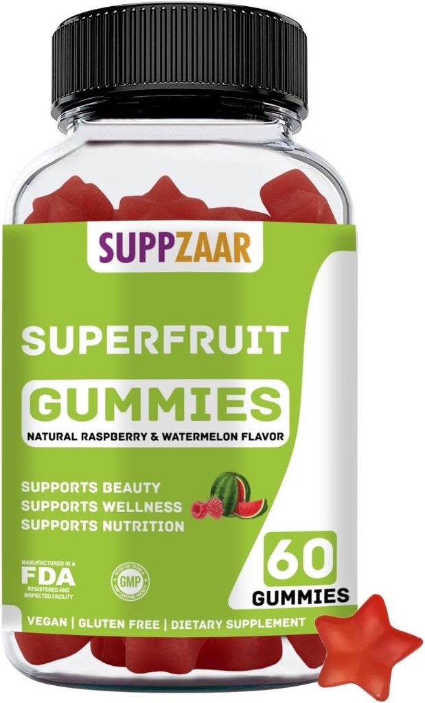 Vitamines gommy vegan Superfruit. Gommies de superfruit avec/vitamine A C E Silice biologique. Superfruit pour Collagen Formation, Beauté et Glow. A base végétale, sans OGM, sans gluten, sans gélatine. 60 CT