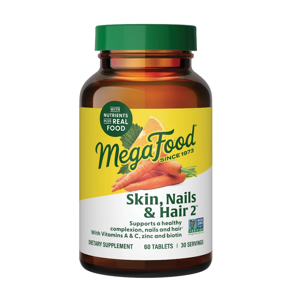MegaFood Peau, ongles et cheveux 2 - Vitamines pour les femmes et les hommes - Biotine, Vitamine A, C, Zinc, B6, E, Acide pantothénique - Végétalien - Fait sans 9 Allergènes alimentaires - 60 onglets (30 portions)