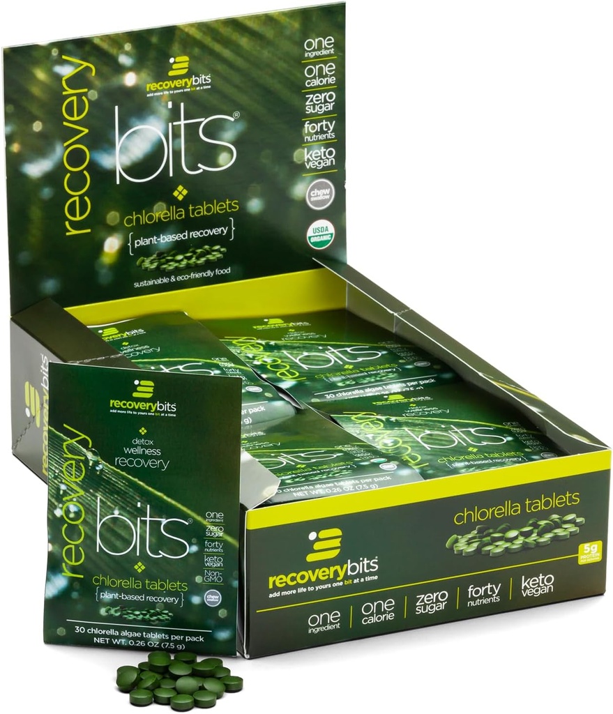 RECOVERYbites - Comprimés de Chlorelle Biologique - Superaliments pour algues à base végétale - Chlorophylle - Mur cellulaire craqué - Énergie - Système immunitaire - Detox - Keto - Vegan - Non-OGM - Boîte de 30 Pouches - 900 Comprimés
