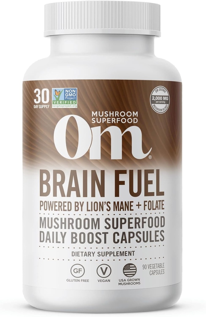 OM MUSHROOM SUPERFOOD Cerveau Fuel Mushroom Poudre Capsules Superfood Supplément, 90 Comte, 30 Jours, Lion's Mane, Reishi Blend Plus Folate, Clarté mentale, Supplément Mushroom