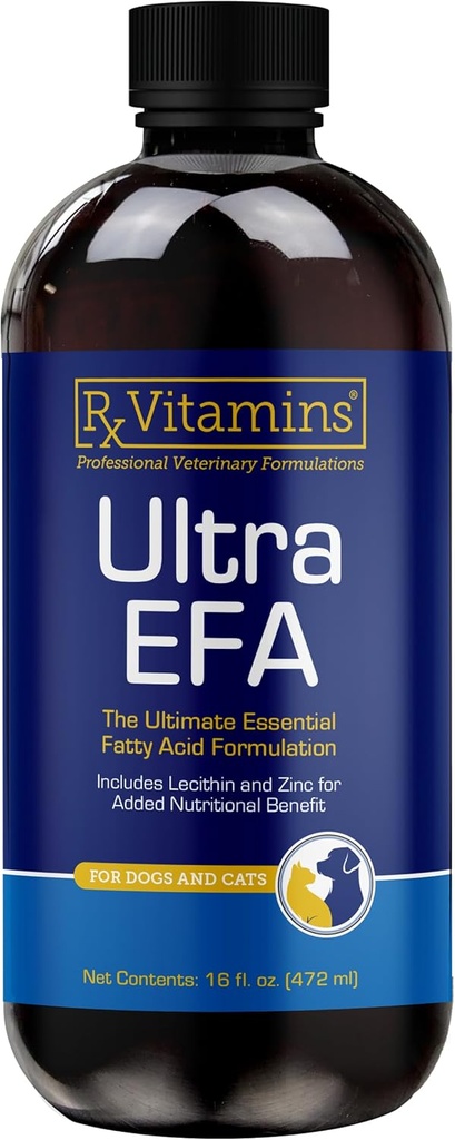 Rx Vitamines Ultra EFA Omega 3 Huile de poisson pour chiens et chats - Promotion de la santé du coeur, du cerveau et des articulations avec la vitamine E, la biotine et le zinc - Huile de poisson liquide pour le soulagement des démangeaisons et le défrichage des chiens - 16 oz