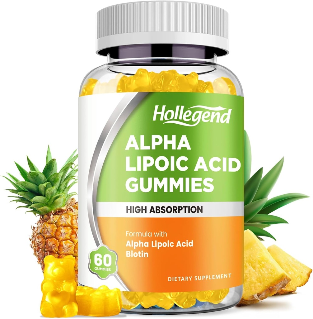 Acide alpha lipoïque Gommies 1000Mg avec biotine, supplément d'ALA à haute absorption pour antioxydant, santé du cerveau et soutien nerveux, goût d'ananas, sans sucre, 60 Chews