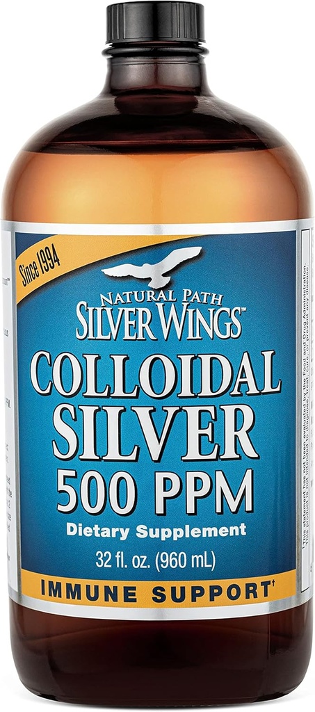 Sentier naturel Silver Ailes Colloïdal Argent 500ppm (2 500mcg) Supplément de soutien immunitaire 32 fl. oz.