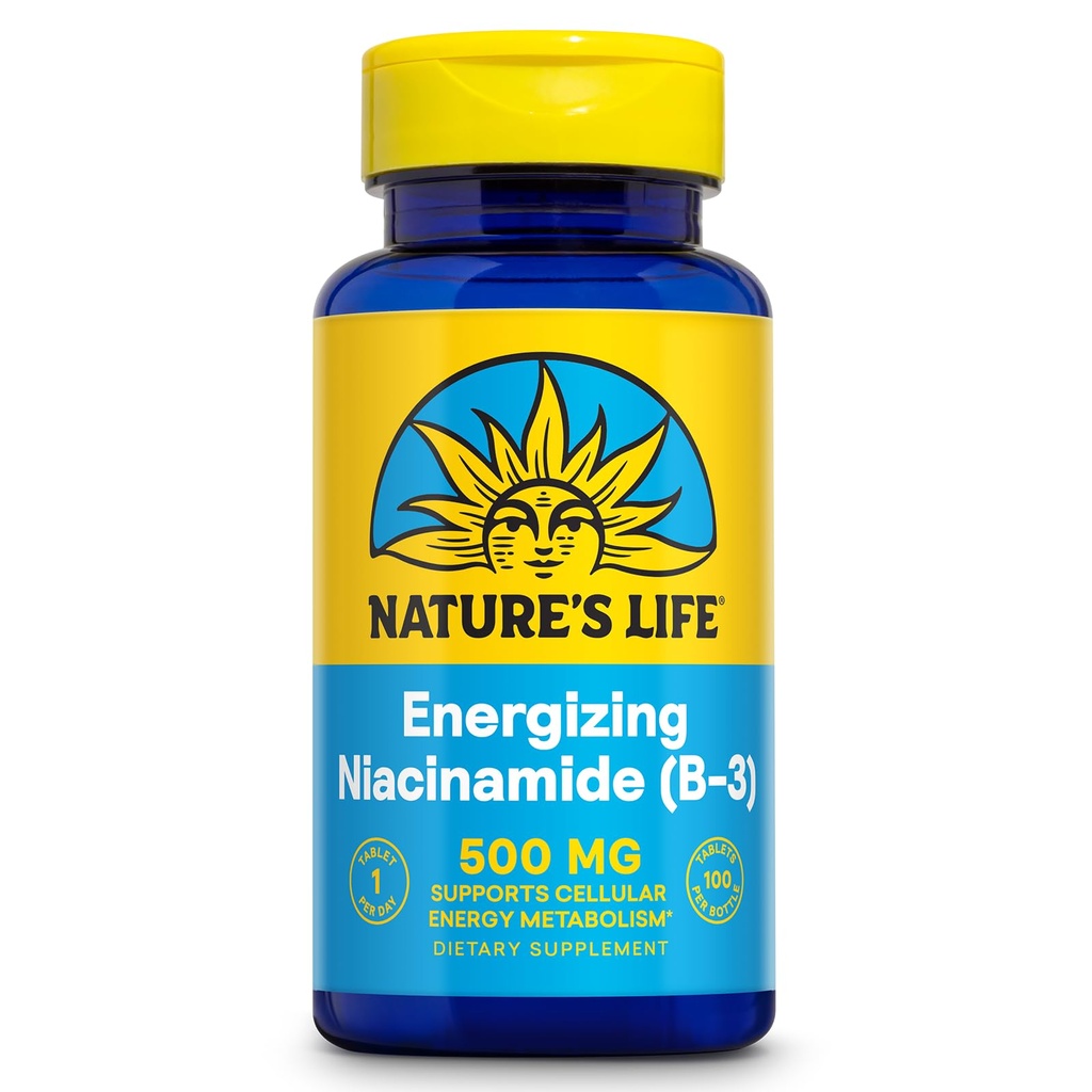 Nature's Life Energisant Niacinamide 500mg - Non Flush Vitamine B 3 Supplément Niacin - Fonction nerveuse, métabolisme et soutien énergétique sain - Garantie de 60 jours, laboratoire vérifié, 100 portions, 100 comprimés