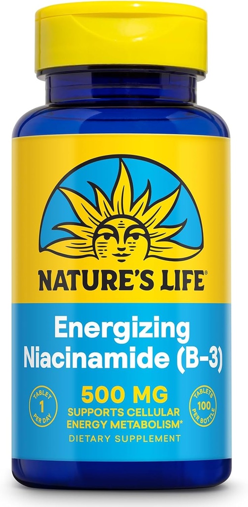 Nature's Life Energisant Niacinamide 500mg - Non Flush Vitamine B 3 Supplément Niacin - Fonction nerveuse, métabolisme et soutien énergétique sain - Garantie de 60 jours, laboratoire vérifié, 100 portions, 100 comprimés