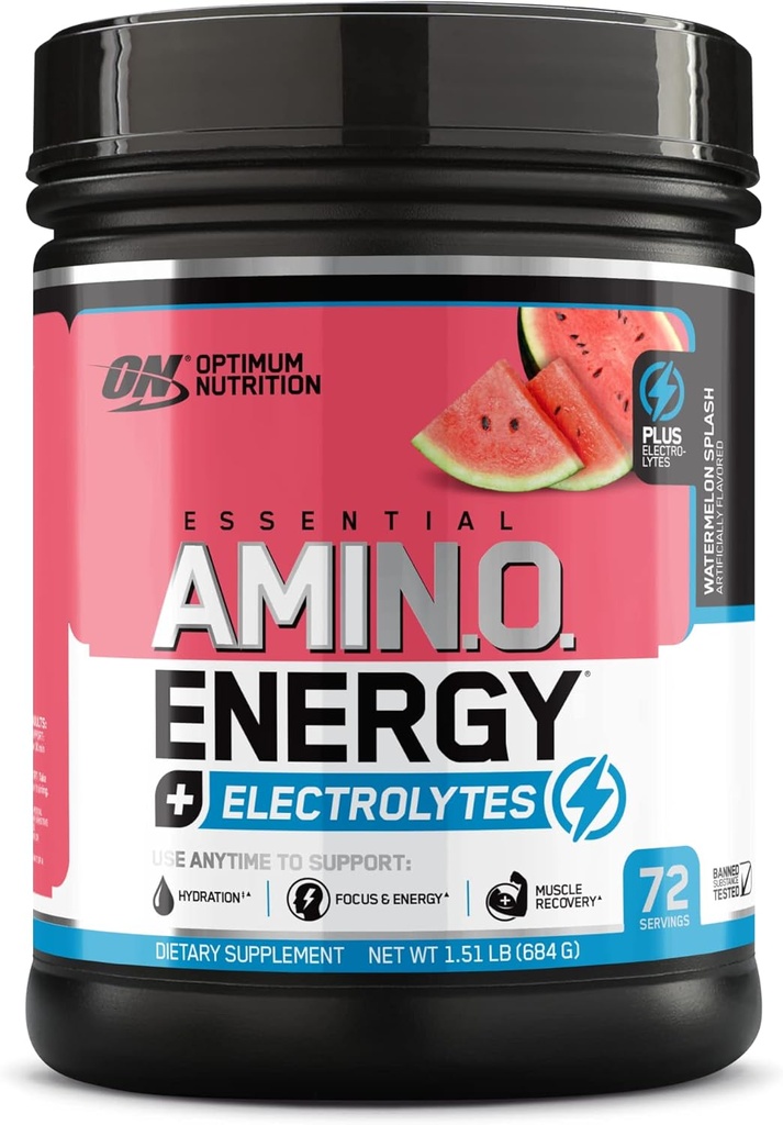 Optimum Nutrition Essential AMIN.O Énergie et électrolytes - Énergie, focus et récupération des muscles après l'entraînement - Watermelon pré-entraînement en poudre électrolyte boisson - Watermelon Splash, 1,51 lb (72 portions)