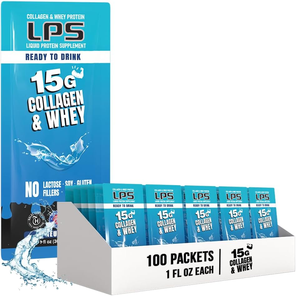 LPS Collagène liquide et supplément de protéines de lactosérum - boisson non-OGM, sans sucre - favorise la santé de la peau et des cheveux pour les hommes et les femmes, neutre, simple service (100 paquets)