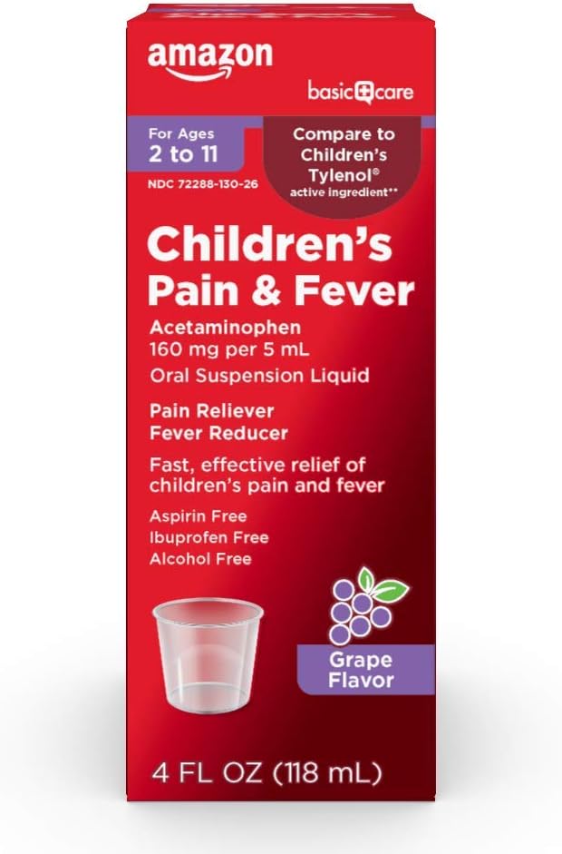 Soins de base Acétaminophène pour enfants 160 mg par 5 mL Suspension orale, arômes de raisin, analgésique et réducteur de fièvre pour les maux de tête, la gorge douloureuse et les dents, 4 fl oz (paquet de 1)