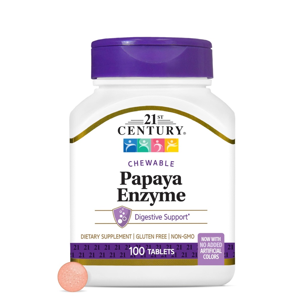 21st Century Papaya Enzyme Chewable (100 Comte), Papaya & Ananas Enzymes digestifs pour la santé Gut, Arôme Tropical, Non-OGM, Sans gluten, Pas de sel ajouté, Arômes artificiels