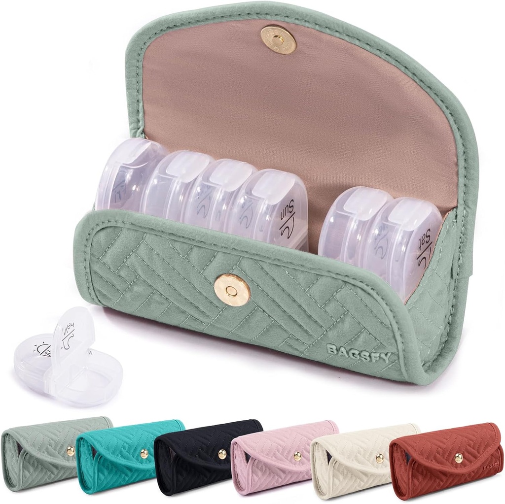 BAGSFY Weekly Pill Organizer 2 fois par jour dans une coque en tissu mignon, Sac de médecine, AM PM Pill Box 7 Day, Portable Medicament Travel Case pour les pilules, vitamines, huiles de poisson, suppléments.