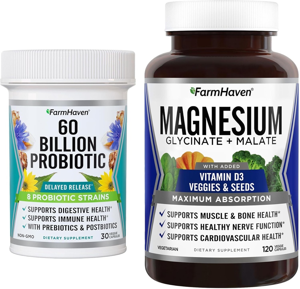 FarmHaven Magnésium Glycinate & Malate Complex et 60 milliards CFU Probiotique