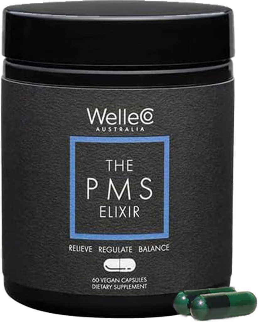 WelleCo The PMS Elixir Premenstrual Support Supplement for Women, Magnesium and Ashwagandha Capsules with Iron, Iodine, Broccoli Sprouts, Vitex, Chromium & B Vitamins, Vegan & Gluten Free, 60 Capsules