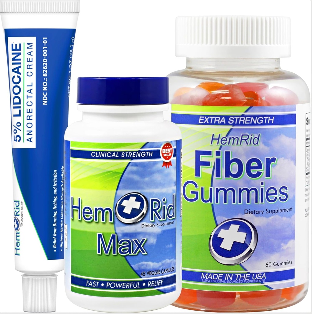 HemRid Système complet de soutien à l'hémorroïde – Formule Max, Crème Lidocaine et Gommies Fibres pour un soulagement immédiat et un confort à long terme