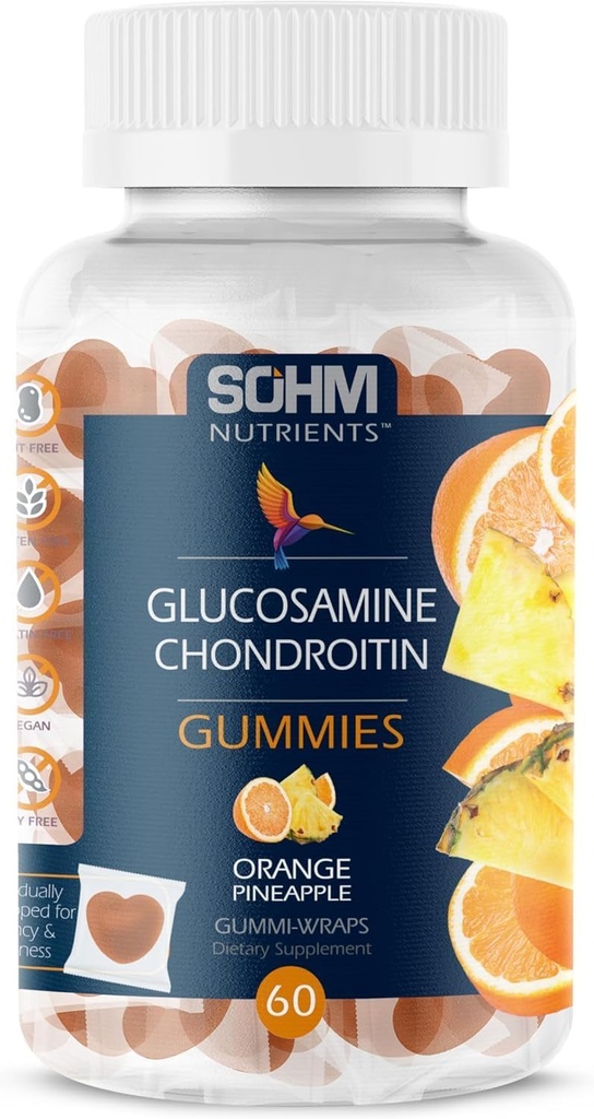 Gommies de glucosamine et de chondroïtine SOHM 60 Dénombrement emballés individuellement, soutient la santé des articulations et des os, Gommies de glucosamine pour hommes et femmes végétariennes (Pineapple,Orange)