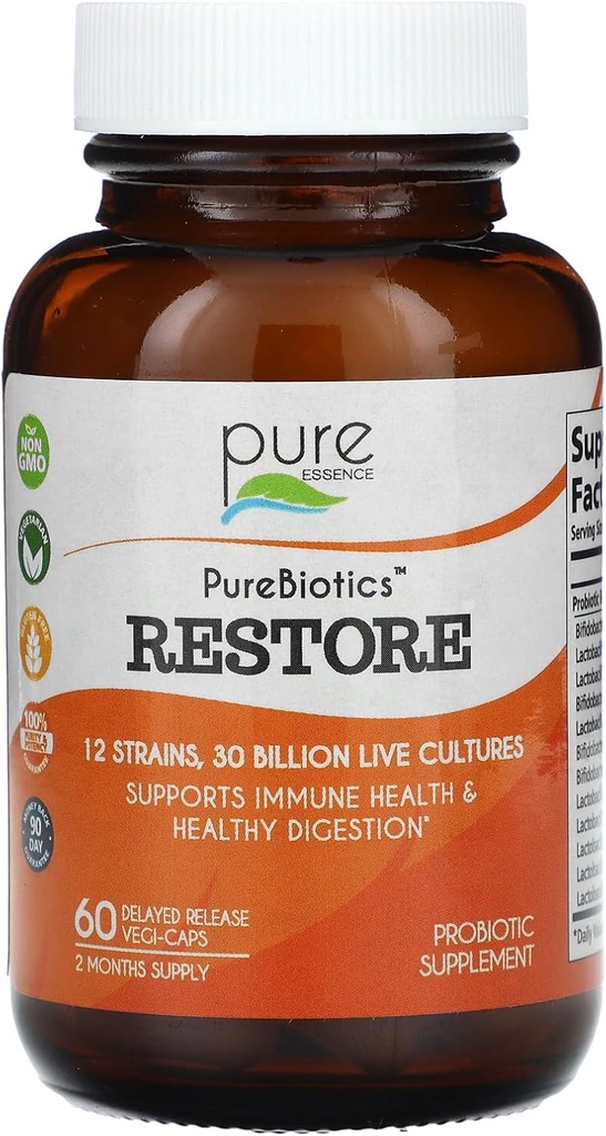 PURE ESSENCE LABS Restaurer le supplément probiotique 30 milliards CFU - Probiotiques pour les hommes et les femmes - 12 souches pour le soutien immunitaire et la santé digestive - Soutien naturel pour le soulagement de la constipation (60 capsules)