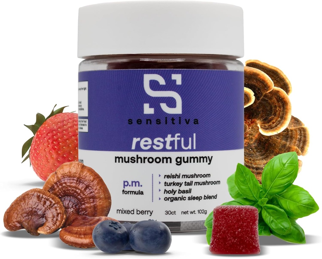 Sensitiva Restful Mushroom Gummies P.M. Formula - Reishi & Turkey Tail Mushroom Supplément Gummies, Mushroom Gummies pour le sommeil, la relaxation et le stress (Mixed Berry P.M. Formula)