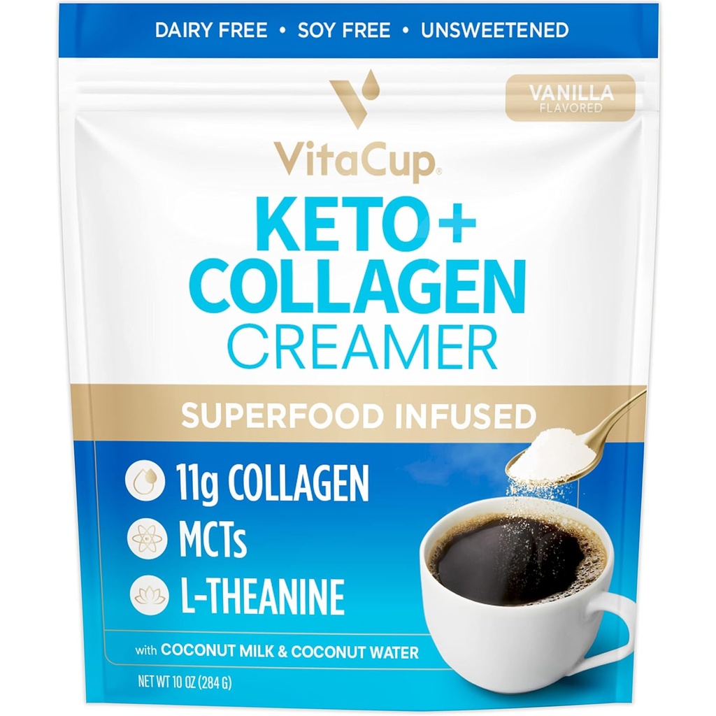 VitaCup Keto + Collagène Crème à café Vanilla Flavor avec MCT, protéine de collagène, eau de coco, L-Theanine pour le régime kéto, utilisation dans le café, smoothies, & Shakes, sans lait, sans gluten, sans soja, 10oz