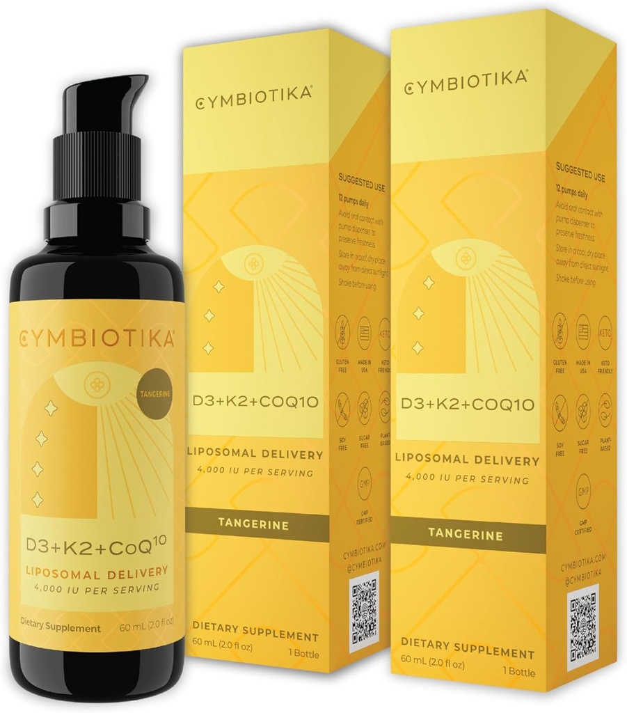 CYMBIOTIKA Vitamine D3 + K2 + CoQ10 liquide, supplément de vitamine D pour le soutien immunitaire, santé cardiaque et osseuse, booster d'énergie, livraison liposomique, végétalien, saveur de Tangerine, 2pck (4,0 fl oz.)
