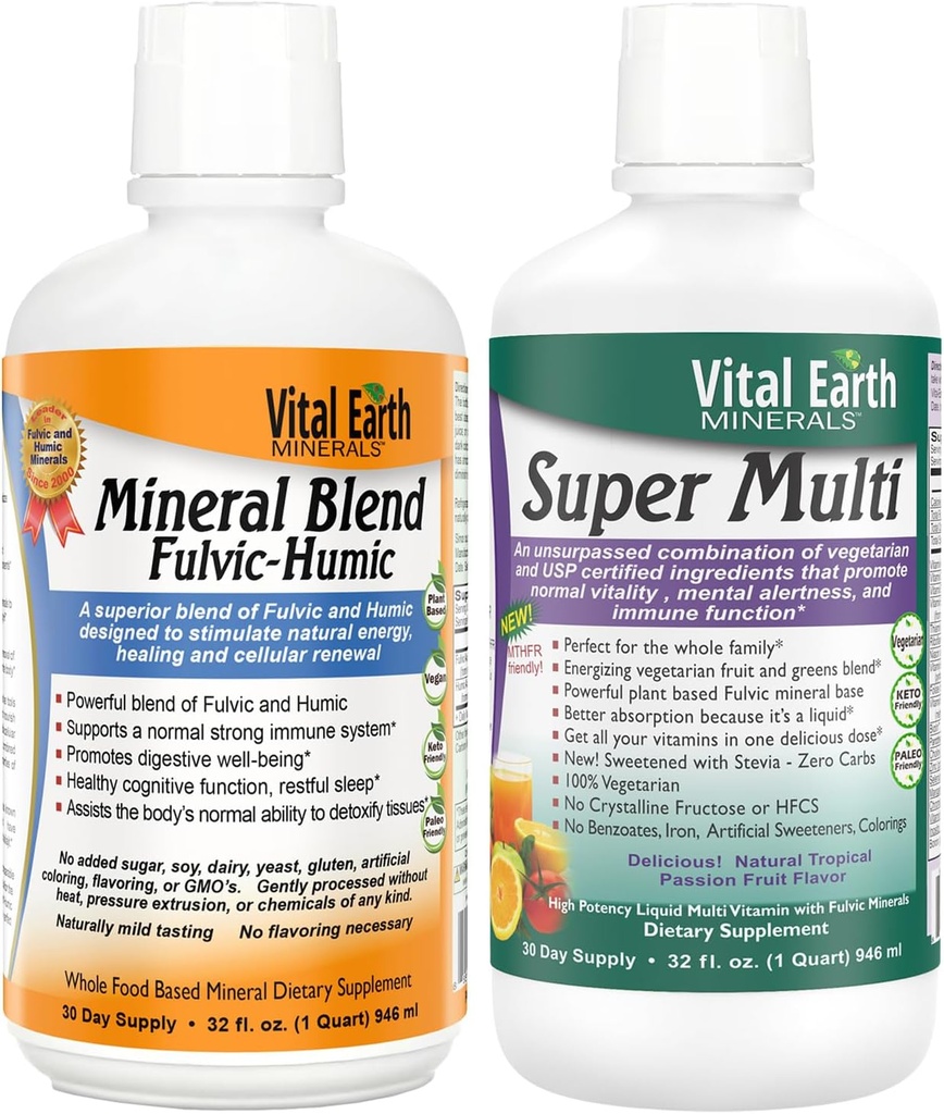 Détox vital des minéraux de la Terre & Wellness Support – Fulvic Humic Mineral Mix avec 70+ Trace Minerals + Super Multi, Multivitamines liquides, support MTHFR, 32 Oz Ea