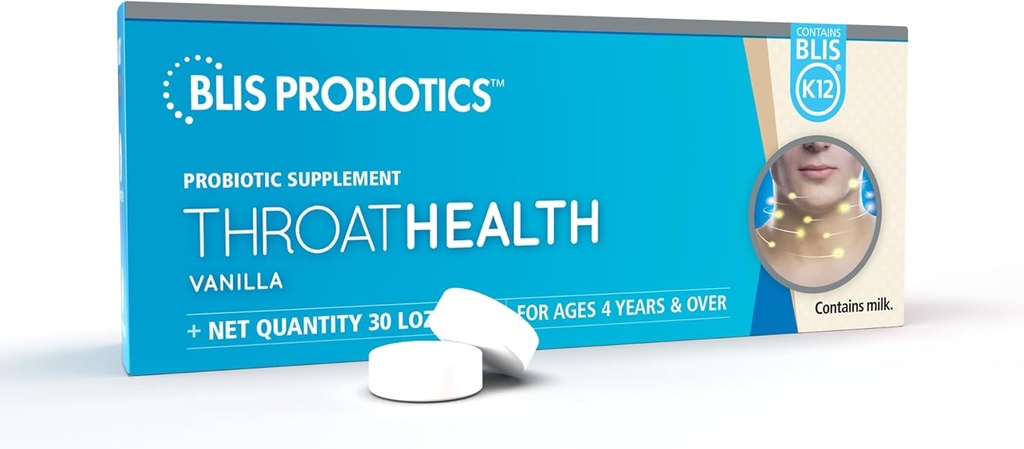 BLIS ThroatHealth Oral Probiotiques K12 - Soutien immunitaire et à la gorge, Vanille - 30 Lozenges, 2,5 milliards UFC