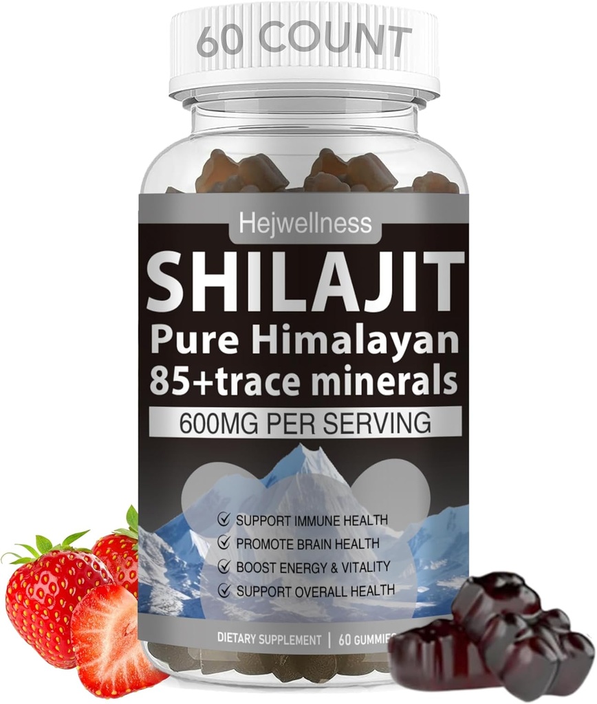 Gummies de Shilajit - 600 mg de résine biologique naturelle de Shilajit avec 85+ minéraux traces, acide fulvic et phytonutriments - Flavor de fraise - pour l'énergie, support immunitaire - 60 Gummies, 1 mois d'approvisionnement