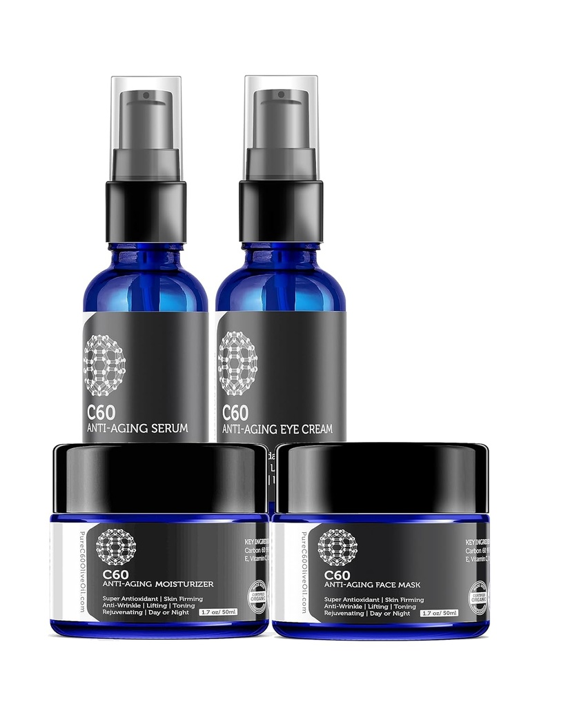 Solution complète de soins de la peau C60 - Hydratant anti-vieillissement, masque, crème pour les yeux et sérum avec superantioxydant carbone 60 - Éclaircissement pour taches foncées, même tonus de la peau, zone des yeux, lignes fines et rides