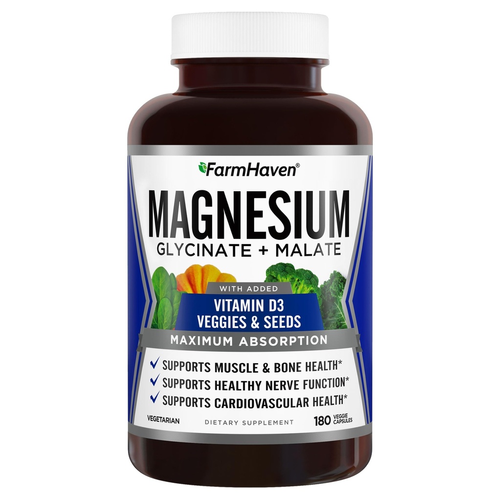 FarmHaven Magnésium Glycinate & Malate Complex w/Vitamine D3, 100% Chélaté pour Max Absorption, Végétarien – Santé des os, Nerves, Muscles, 180 Capsules, 90 Jours