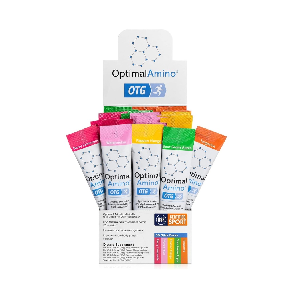 OptimalAmino OTG Stick Packs, 5 Flavor Variety Box (30 Nombre), 99 % de supplément utilisé de l'acide aminé essentiel (EAA), augmenter la récupération musculaire, Vegan/Keto avant/après l'entraînement, NSF certifié pour le sport