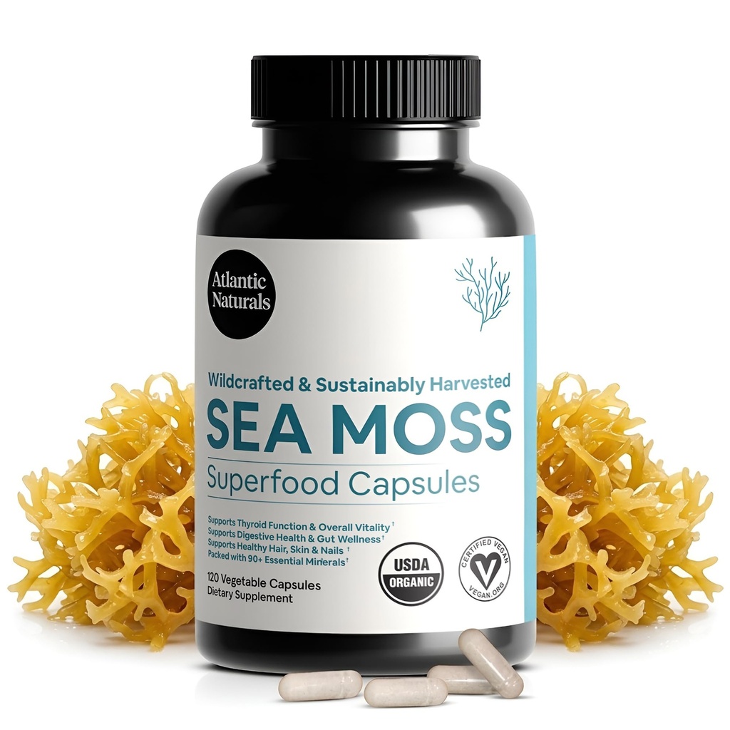Capsules de mousse de mer de l'Atlantique avec Moringa, Ashwagandha, Black Seed Oil, Ginger & Ginseng – Suppléments de mousse de mer de l'Atlantique pour hommes et femmes – pour mélange quotidien d'énergie et de bien-être – 120 comtes