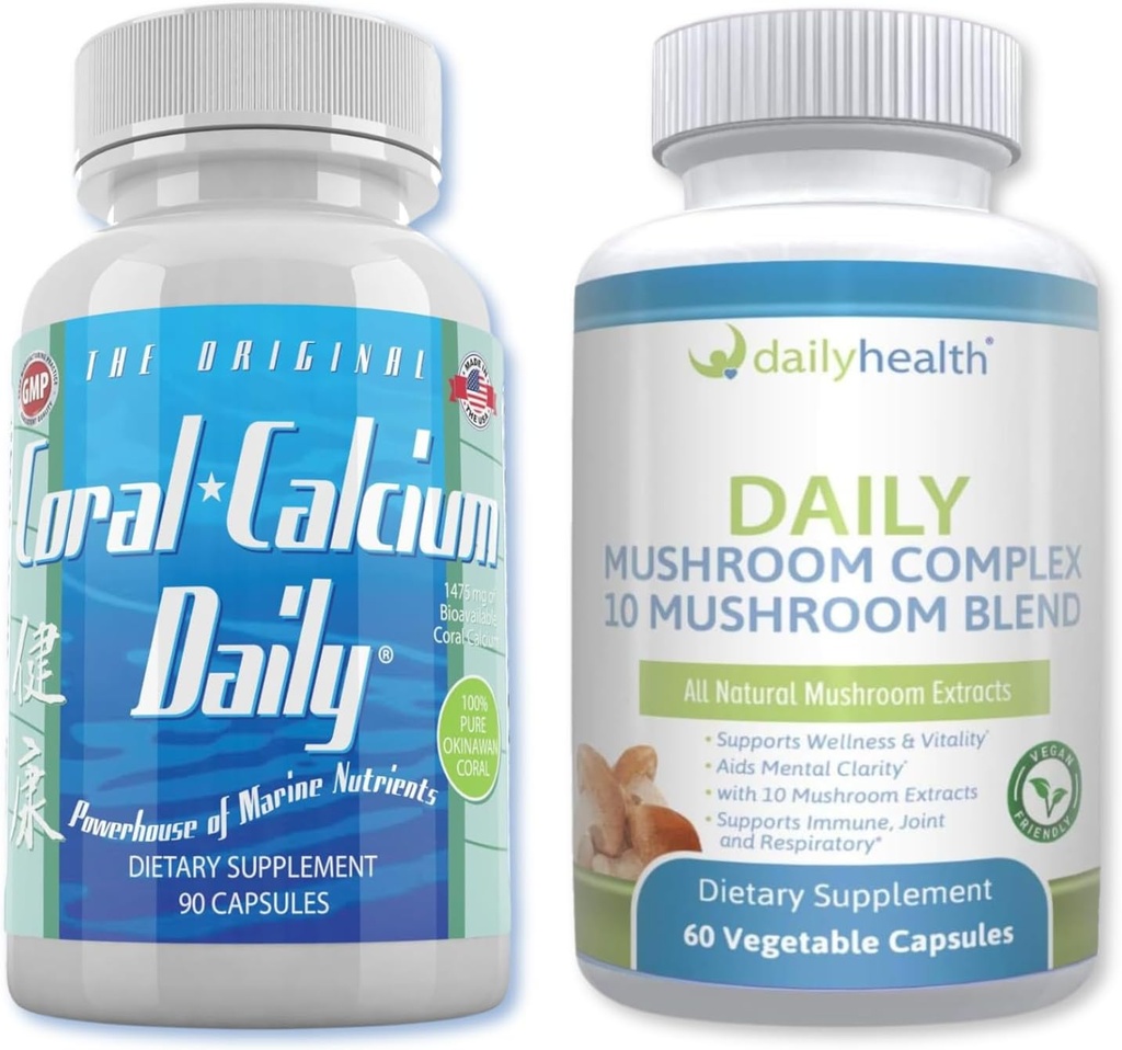 Daily Health - Coral Calcium Daily & 10 Mushroom Blend Complex Combo (1 Month Supply)