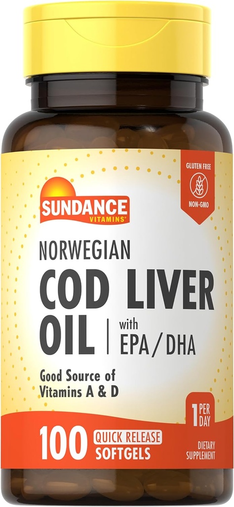 Huile de foie de morue norvégienne Sundance 100 Softgels avec EPA et DHA. Bonne source de vitamines A & D. Supplément sans OGM et sans gluten