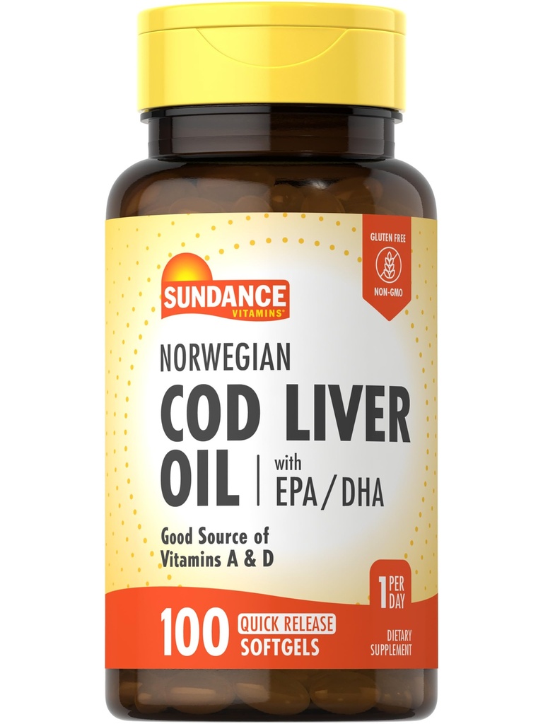 Huile de foie de morue norvégienne Sundance 100 Softgels avec EPA et DHA. Bonne source de vitamines A & D. Supplément sans OGM et sans gluten
